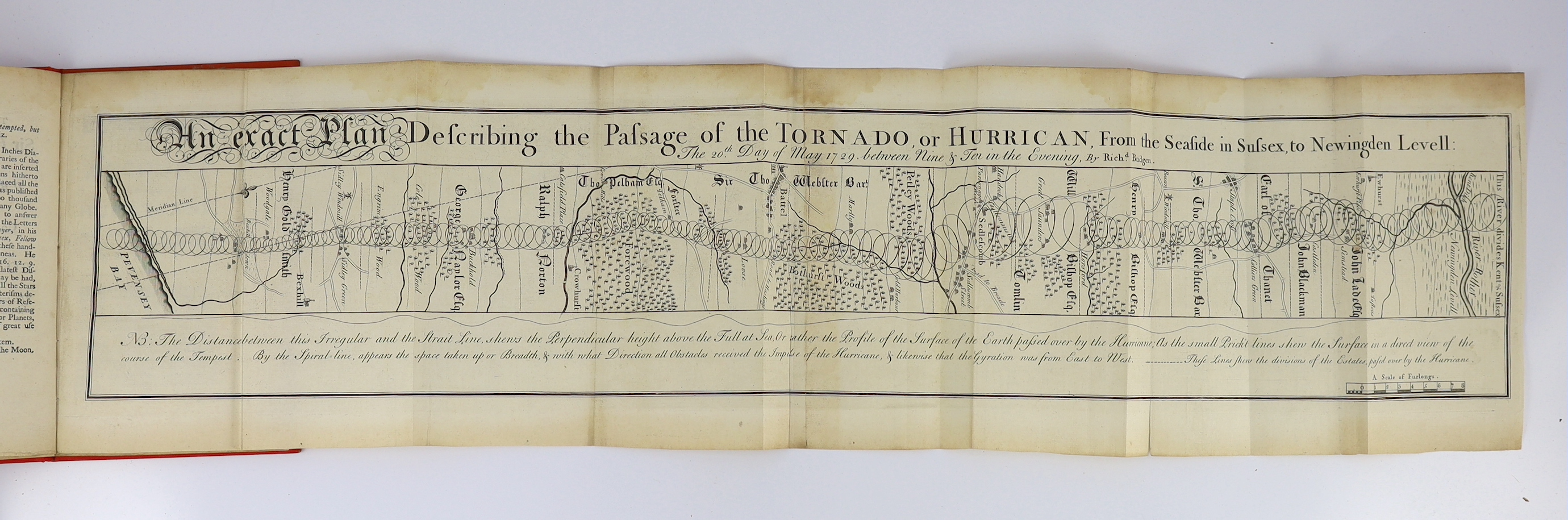 Budgen, Richard - The Passage of the Hurricane, from the Sea-side at Bexhill, in Sussex, to Newingden-Level, the twentieth day of May 1729, between nine and ten in the evening ... large folded map (15 x 77cms; within mar